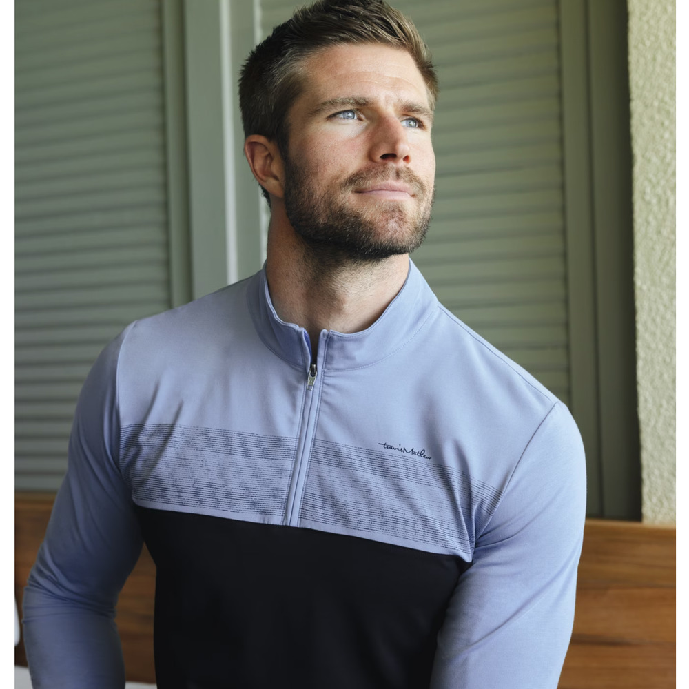 Travis Mathew Two-Tone Light Blue and Black Quarter-Zip Pullover